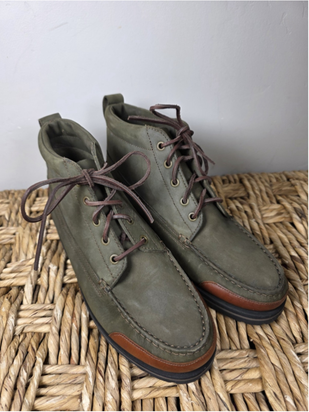 Vintage Land Rover 4100 Handsewn Moc Toe Boots Men's 10 Green Brown Brazil